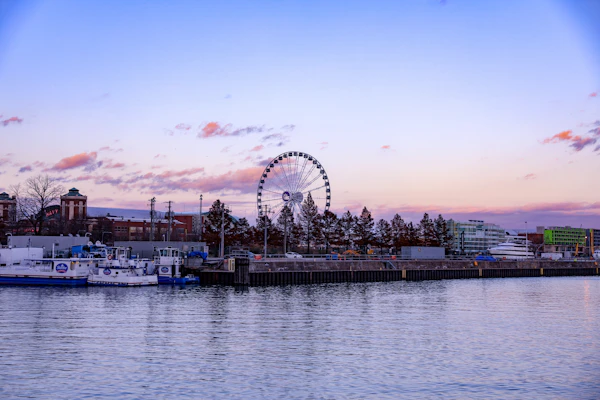 Navy Pier Chicago waterfront with visitors and attractions