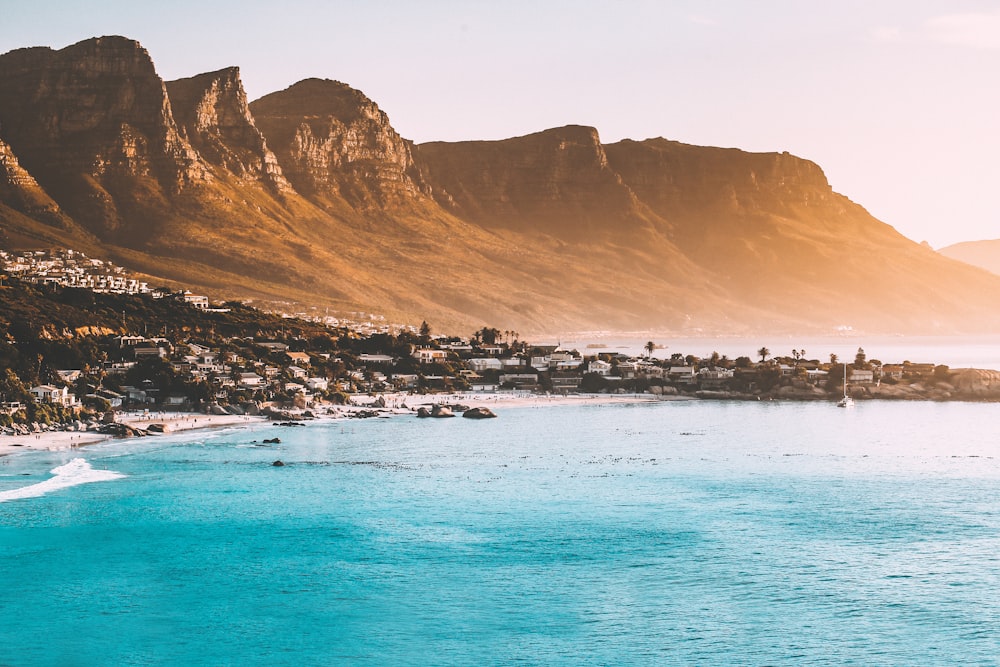 Colourful houses of the Bo-Kaap neighbourhood in Cape Town with Signal Hill in the background