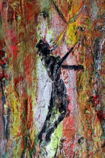 A textured abstract painting featuring a silhouette of a person with outstretched arms against a vibrant background. The energetic brushstrokes and mix of colors create a dynamic composition.
