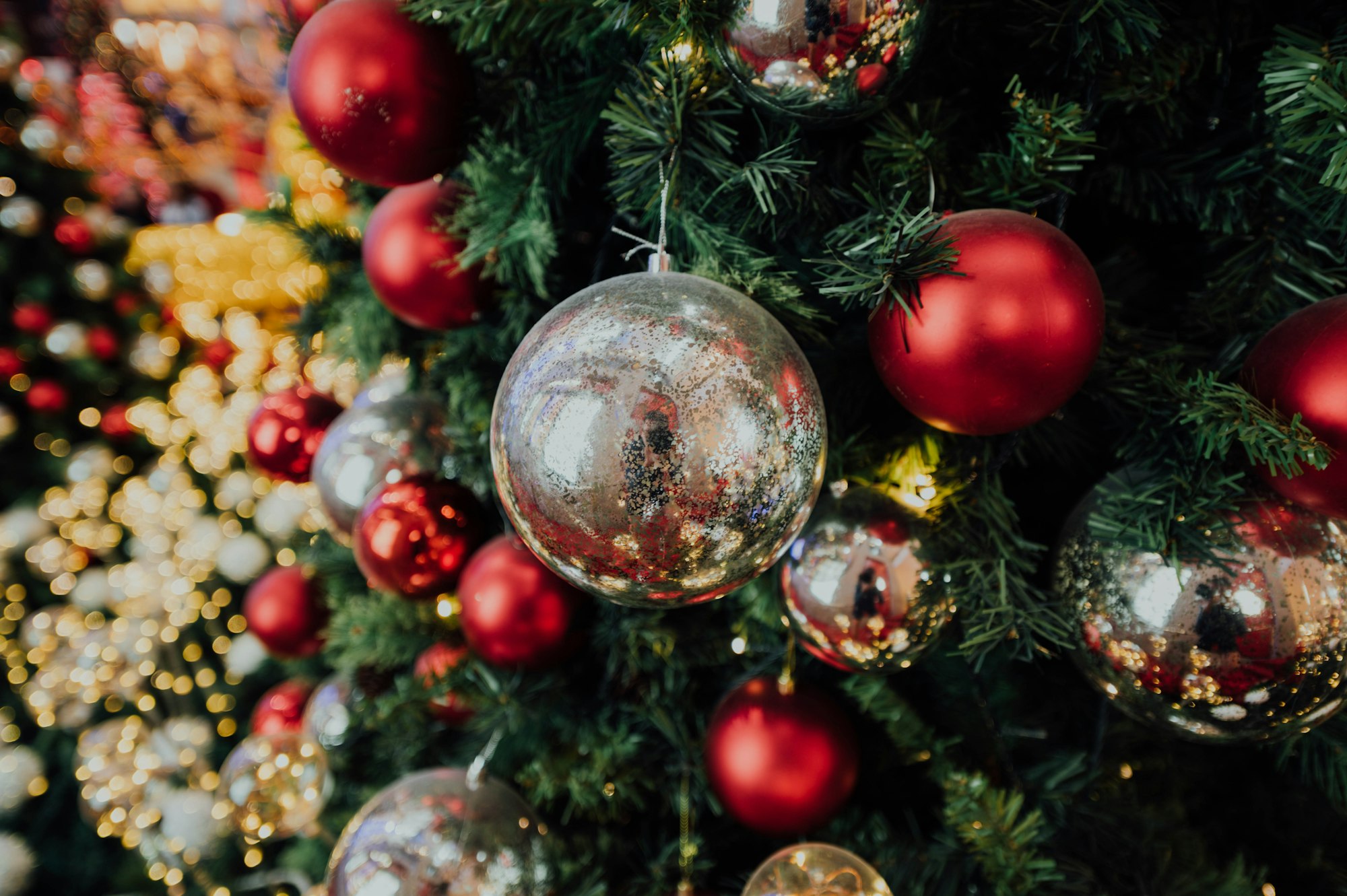 gray and red Christmas baubles