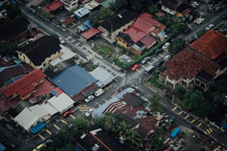 An aerial view of a residential neighborhood with a variety of houses featuring different colored roofs. Narrow streets intersect at right angles, lined with parked cars. Green trees and vegetation are visible throughout the area, creating a contrast with the urban infrastructure.
