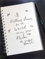 An open notebook with motivational quotes and sketches.