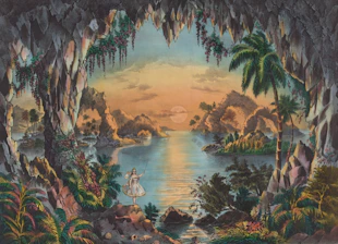 fairy with wand standing on rock near body of water viewing mountain clip art