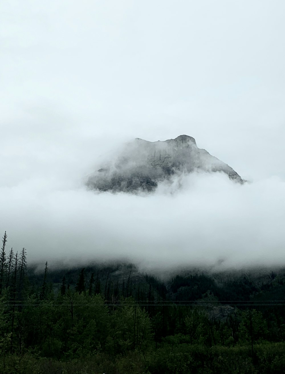 Una montaña cubierta de nubes y árboles en un día nublado