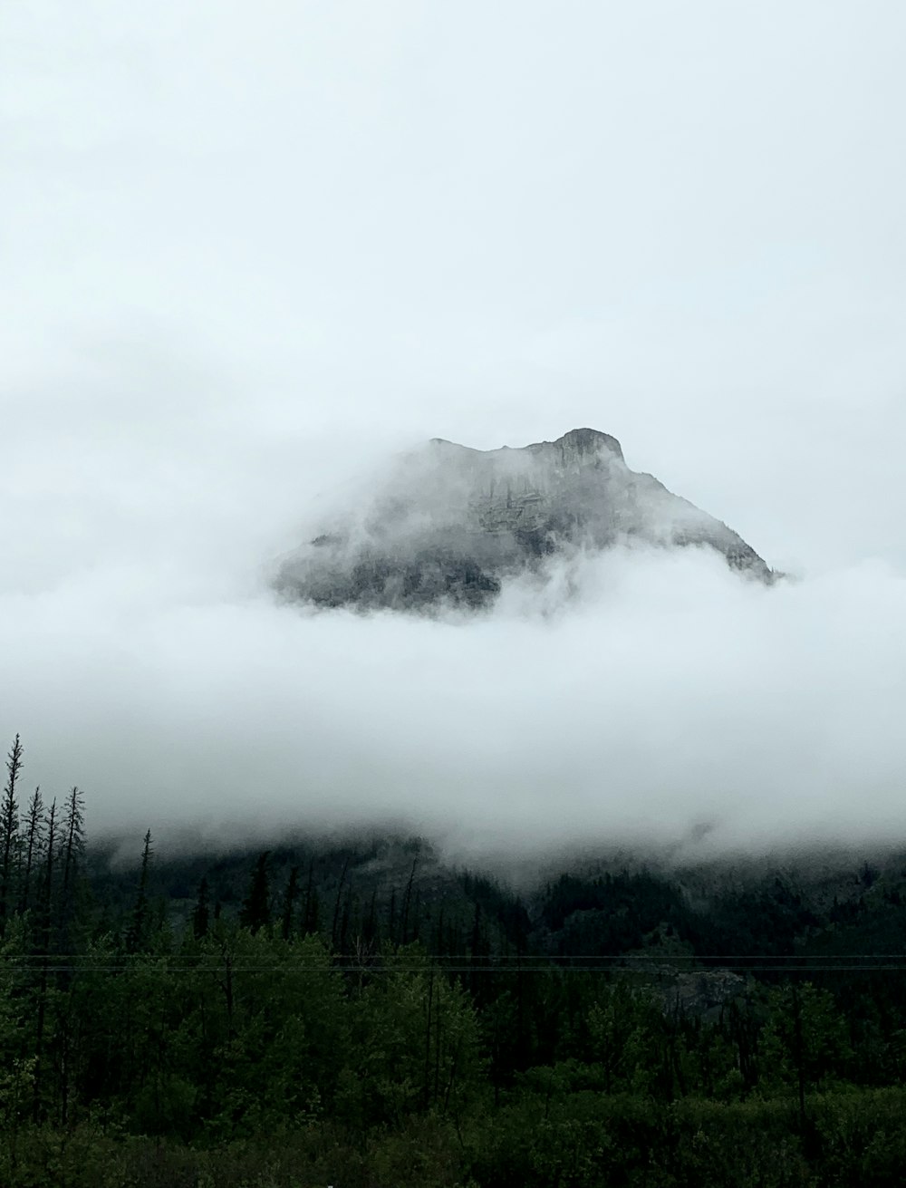 Ein Berg, der an einem bewölkten Tag mit Wolken und Bäumen bedeckt ist
