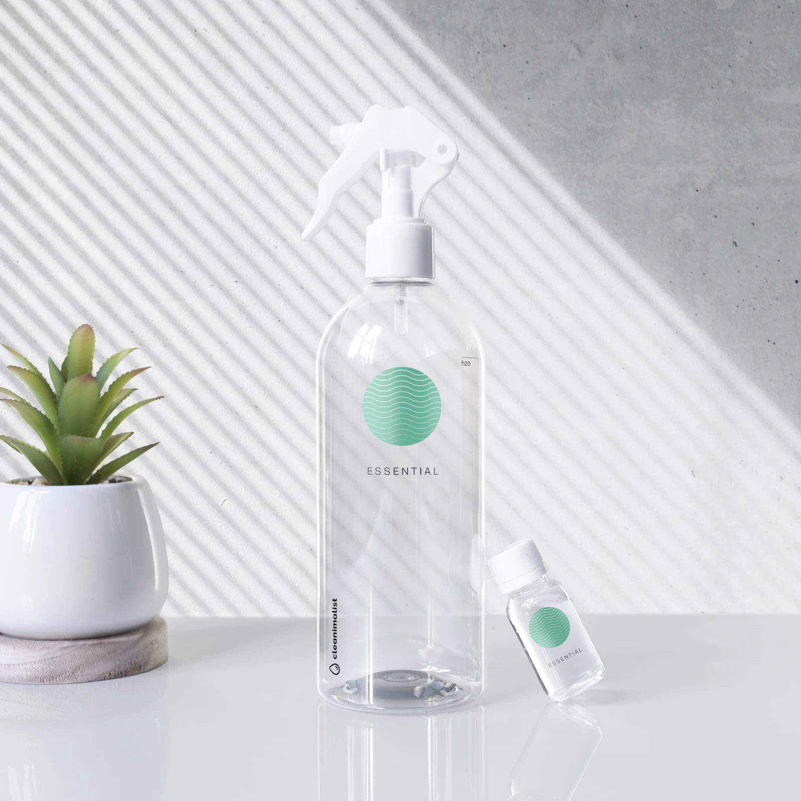 A clear glass spray bottle labeled Essential cleaning solution next to a small succulent plant on a countertop
