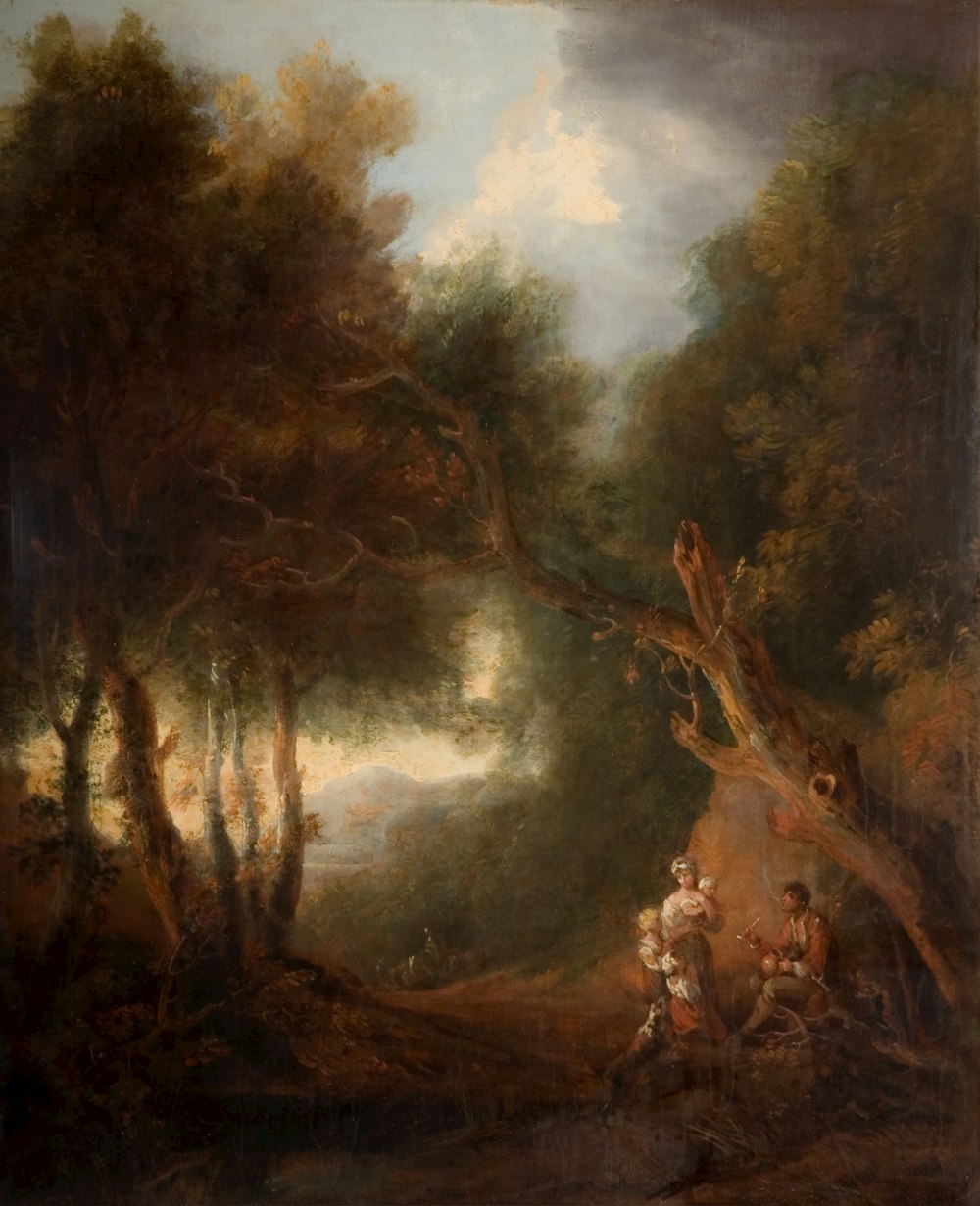 pintura de três pessoas ao lado da árvore