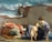 A woman is seated on the ground, cradling a child in her lap. The child is unclothed, and the woman is dressed in a flowing gown. An older man is sleeping on the ground nearby, wrapped in a robe. A donkey peers over a brick wall in the background, and the sky is cloudy yet bright.