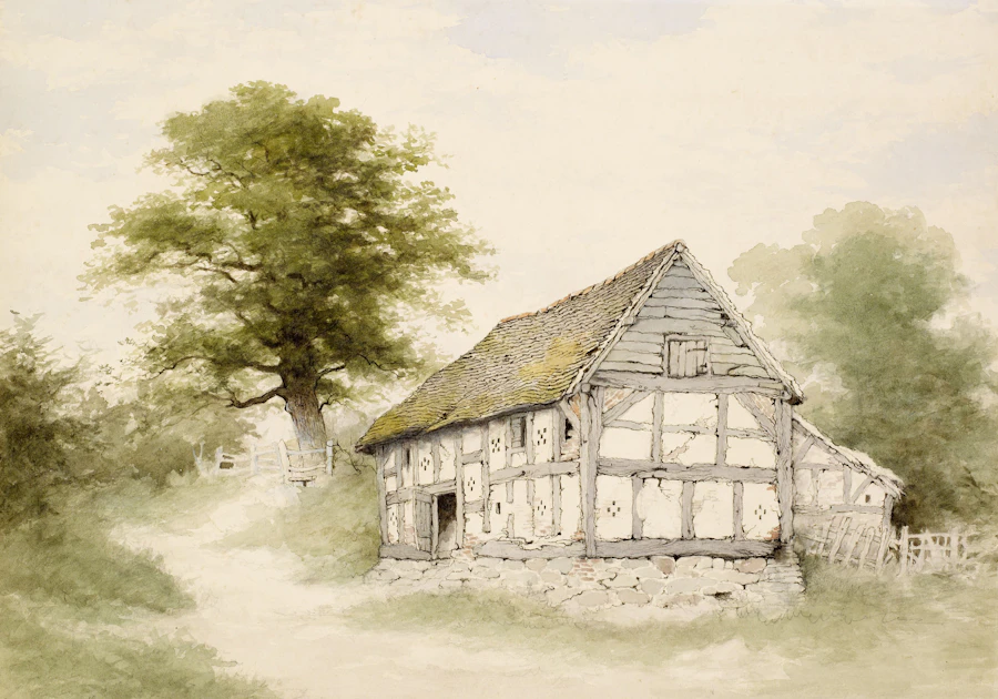 Old Half-Timbered Barn Near Maxstoke, watercolour by John Alsop