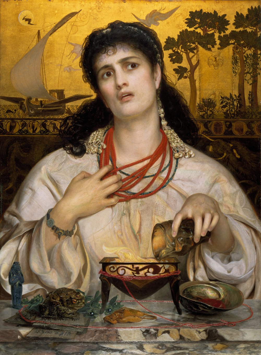 femme portant une peinture de collier de perles rouges