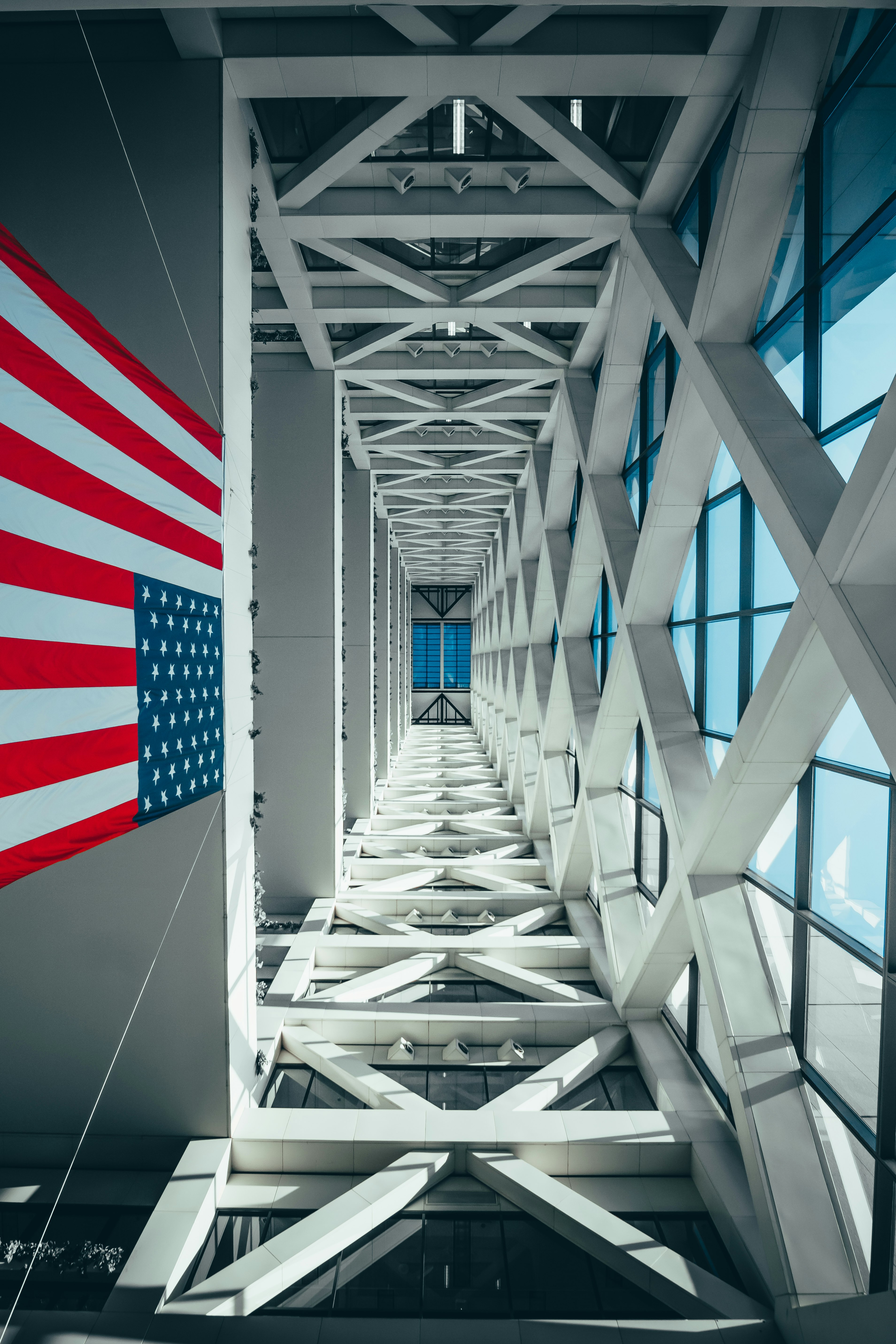 USA flag hanging inside building