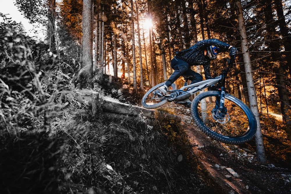 낮 동안 숲에서 자전거를 타는 남자