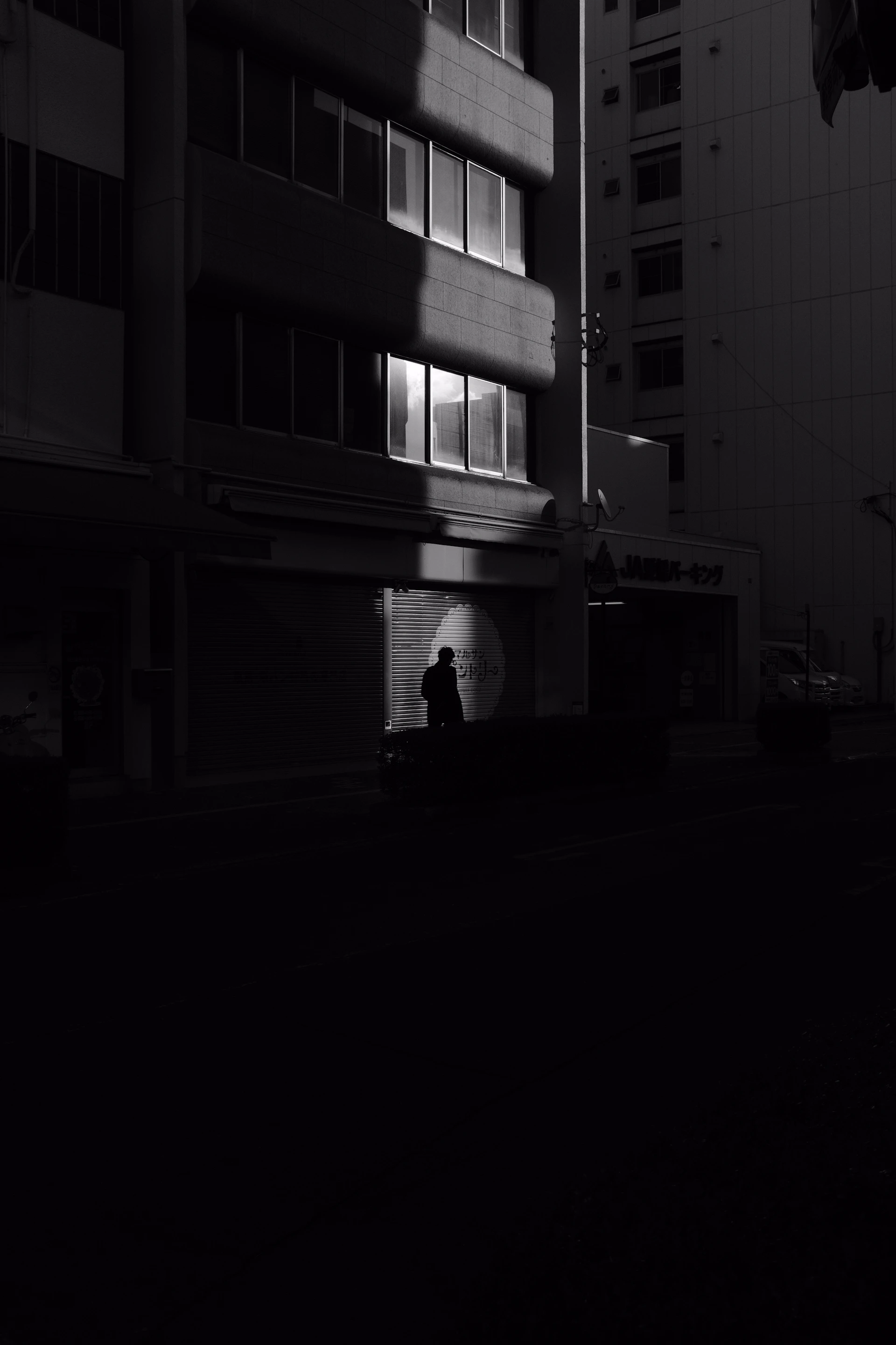 A striking still from Nancy Robinson's short film capturing a sunlit urban street scene with deep shadows and vibrant colors.