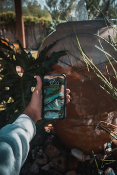 A traveler booking a cenote tour on a smartphone with a tropical cenote background