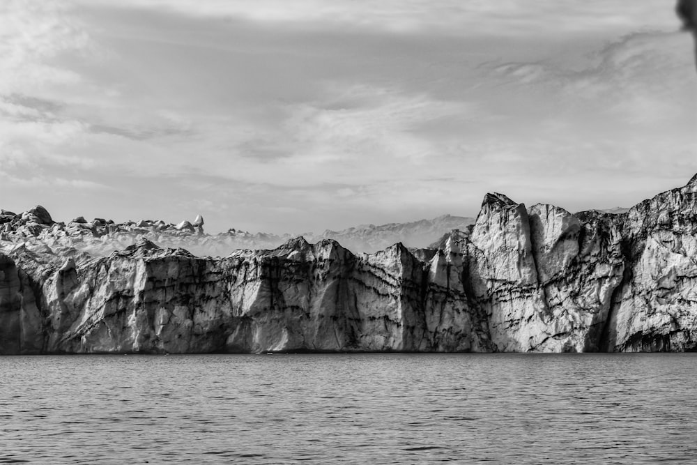 greyscale photograph of mountain