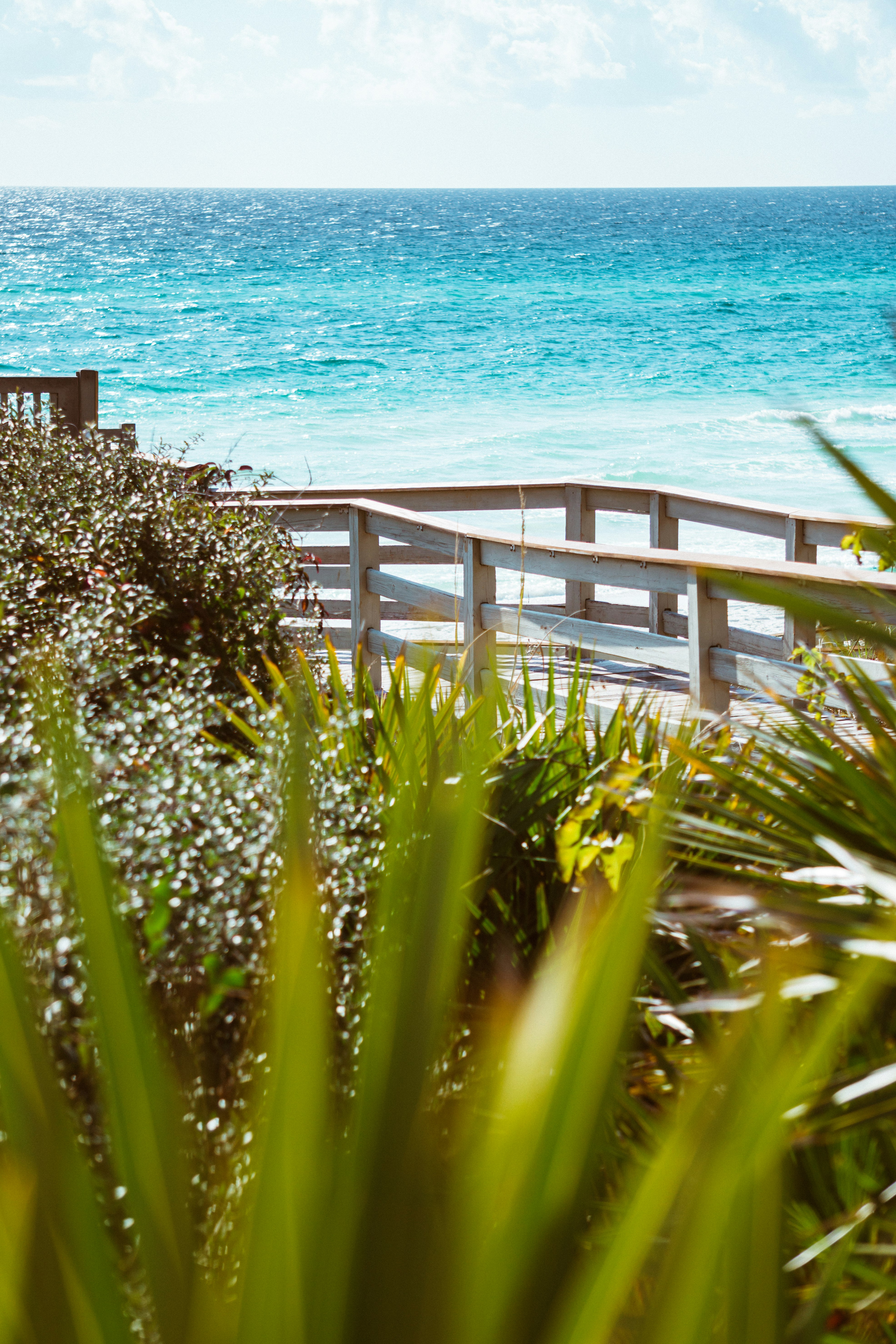 gray wooden pathway with railing on shore during day