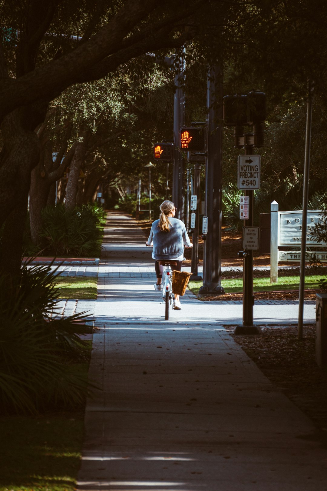 woman riding bike on sidewalk near trees and traffic lights