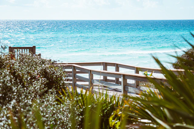 A boardwalk over the dunes to the Gulf beach along Florida's 30A