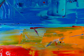 A vibrant photo of a colorful abstract painting with a 'Click Here' button overlay