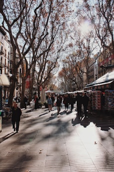 people walking in street with stalls