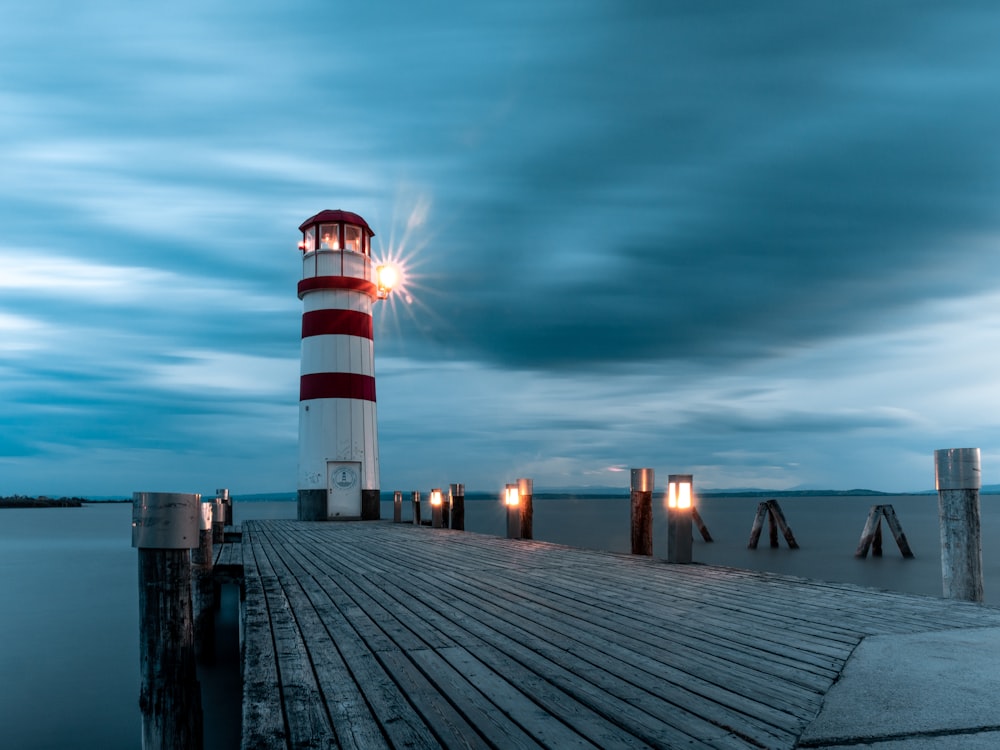 turned on lighthouse on dock during night