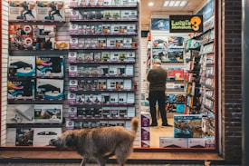 A storefront featuring an assortment of video game consoles, accessories, and game titles arranged neatly on shelves. A person with their back turned is browsing inside the store, while outside, a brown dog walks past the shop window.