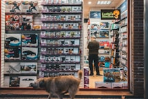 A storefront featuring an assortment of video game consoles, accessories, and game titles arranged neatly on shelves. A person with their back turned is browsing inside the store, while outside, a brown dog walks past the shop window.