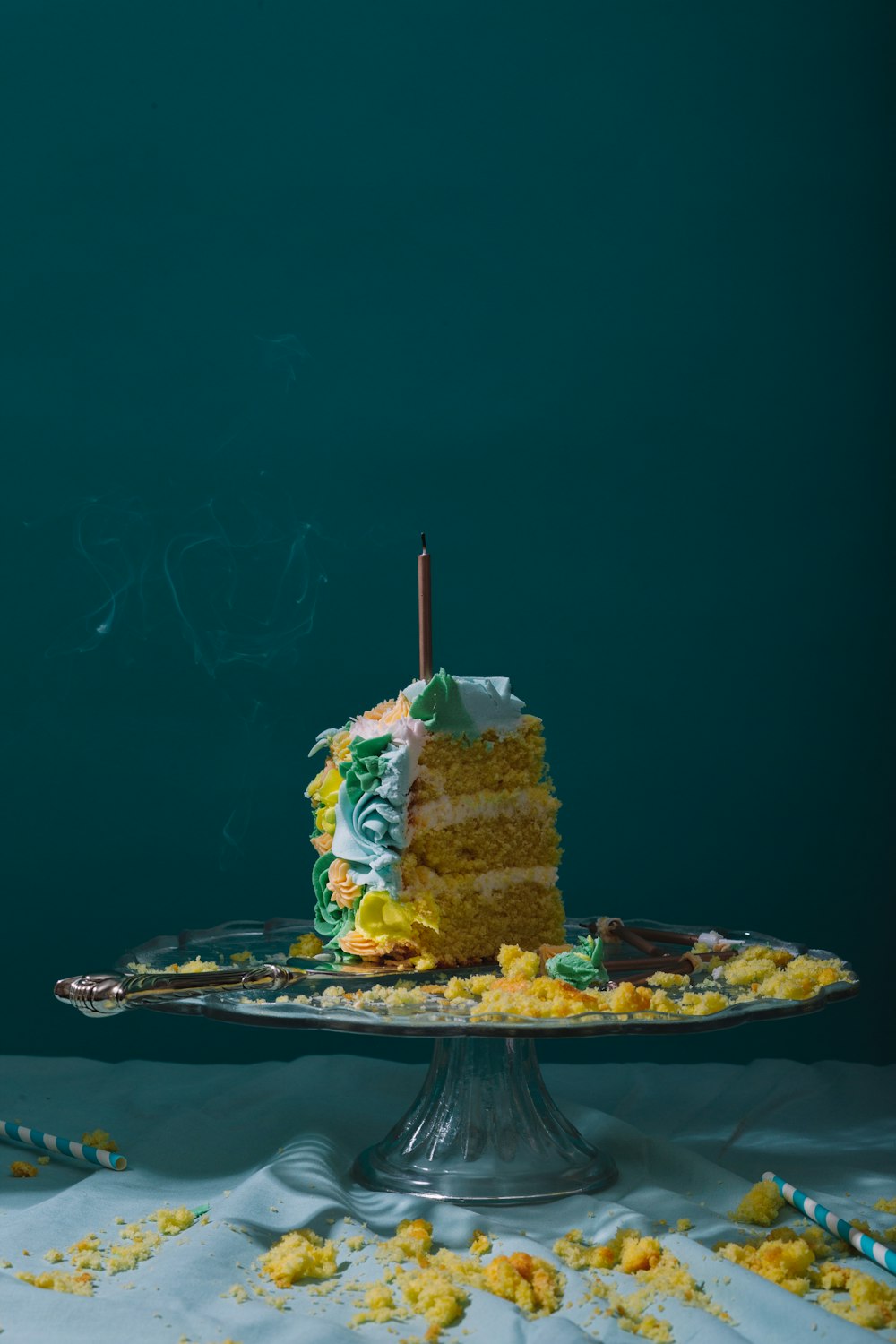 selective focus photography of sliced of cake on stand