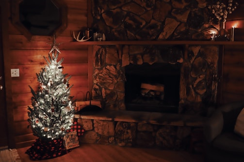A cozy farmhouse living room decorated for Christmas.