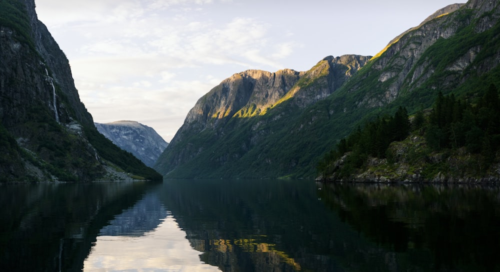 green mountains and body of water