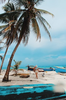 A tropical beach scene featuring tall palm trees swaying over a sandy shore. Two people are walking near colorful fishing boats on the sand, with one person in beachwear and a sunhat. The ocean in the background has vibrant blue hues, and the sky is partially cloudy.