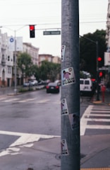 A street scene featuring a utility pole covered in stickers with the phrase 'Stupid Doo Doo Dumb' alongside a cartoon image. The background shows a city street with blurred buildings, traffic lights, and a vehicle. The ambiance suggests a cloudy day with wet pavement.