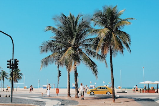 people walking near coconut trees and yellow car during daytime in Copacabana Brasil