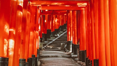 Vermillion torii gates of Fushimi Inari Shrine winding up the mountain.
