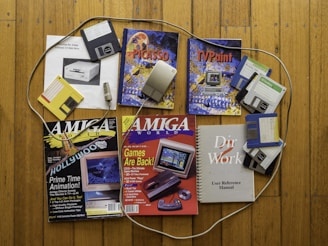 A collection of vintage Amiga computer-related items is spread out on a wooden floor. The items include several floppy disks, two Amiga World magazines with cover images of computers and text, a user reference manual titled 'Dir Work', and two software manuals labeled 'Picasso' and 'TVPaint'. A data cable is also visible among the items.