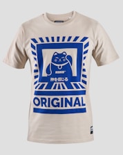 white and blue cat-printed crew-neck T-shirt