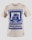 A beige T-shirt featuring a bold blue graphic of a waving cat with Japanese text beneath the design. The word 'ORIGINAL' is prominently displayed at the bottom. The overall design has a geometric border that frames the cat image.