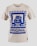 A beige T-shirt featuring a bold blue graphic of a waving cat with Japanese text beneath the design. The word 'ORIGINAL' is prominently displayed at the bottom. The overall design has a geometric border that frames the cat image.
