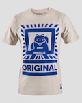 A beige T-shirt featuring a bold blue graphic of a waving cat with Japanese text beneath the design. The word 'ORIGINAL' is prominently displayed at the bottom. The overall design has a geometric border that frames the cat image.