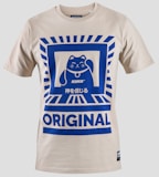 white and blue cat-printed crew-neck T-shirt