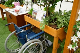 A wooden raised garden bed filled with lush green plants and soil is positioned next to a blue wheelchair. A gardening brochure is placed on the edge of the garden bed, providing information about the plants. Nearby, a countertop with a sink and gardening magazines is visible, highlighting an accessible garden setup.