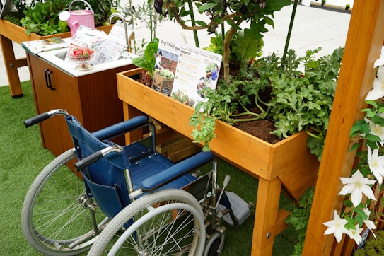 A wooden raised garden bed filled with lush green plants and soil is positioned next to a blue wheelchair. A gardening brochure is placed on the edge of the garden bed, providing information about the plants. Nearby, a countertop with a sink and gardening magazines is visible, highlighting an accessible garden setup.