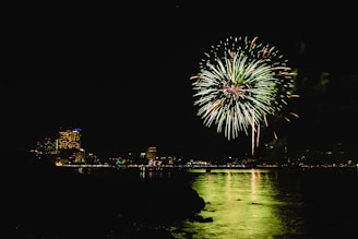 Bright green fireworks explode in the night sky over a calm body of water, reflecting the lights on its surface. In the distance, the skyline is illuminated by the colorful lights of buildings, adding to the festive atmosphere.