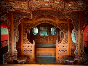 A beautifully crafted wooden interior showcasing intricate woodwork.
