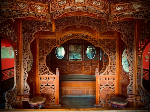 A beautifully designed wooden interior showcasing intricate woodwork.