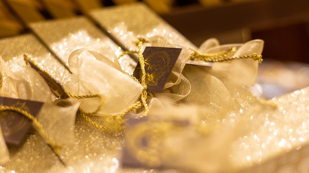 a close up of a bunch of wrapped presents