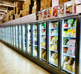 Technician inspecting a walk-in freezer's cooling system in a grocery store.