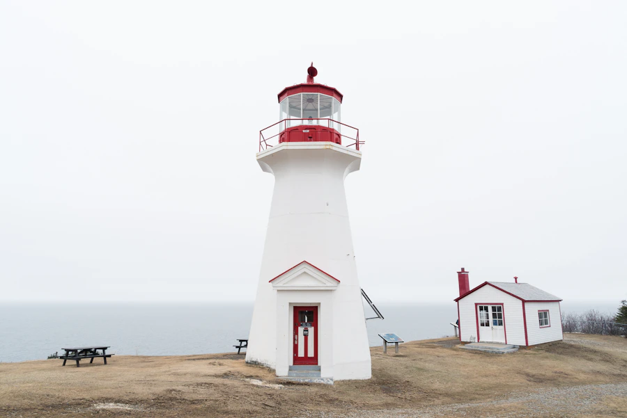 A white Maritime lighthouse with red accents against a pale sky, the ocean stretching to the horizon behind its keeper's cottage