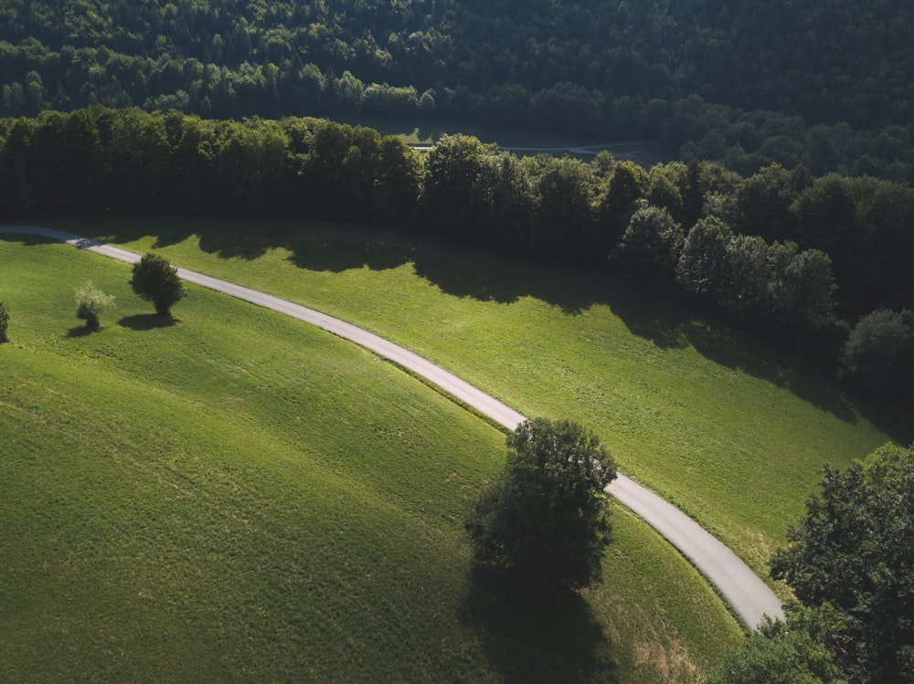 aerial photography of a pathway in a grass field