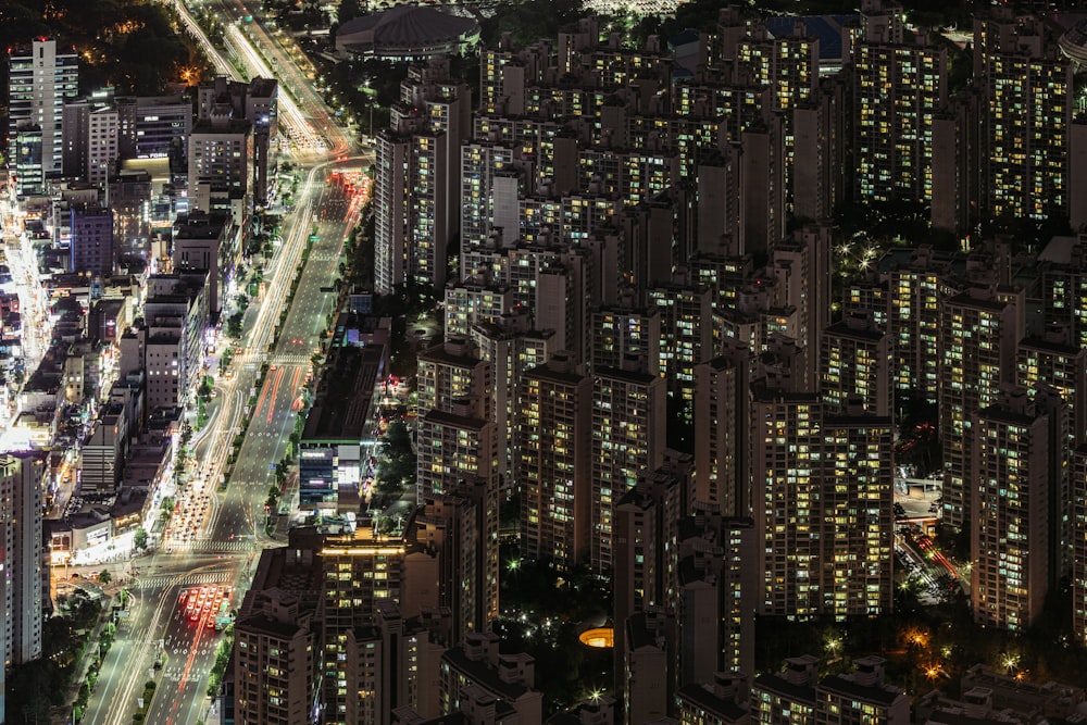 aerial view of city buildings during nighttime